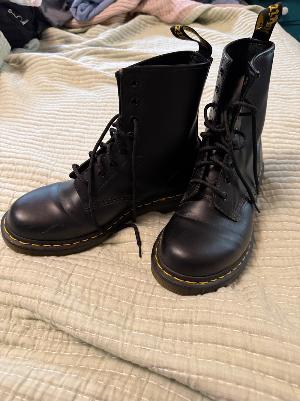 Dr. Martens Black Leather Lace-Up Boots with Yellow Stitching